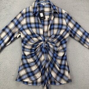 NEW Fashion Nova Womens XL Shirt Flannel Blue White Plaid Ruched Front Authentic